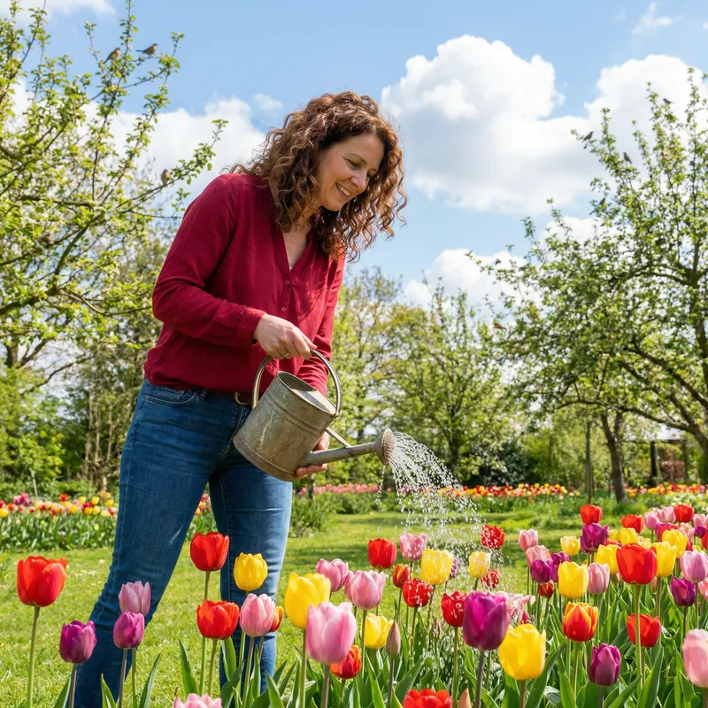 Serenity: Beautiful Woman Tending Colorful Tulips in Garden