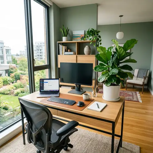 Stylish & Elegant Workspace | Modern Desk & Green Plant