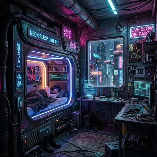 Cyberpunk Vibe Bedroom with Capsule Bed
