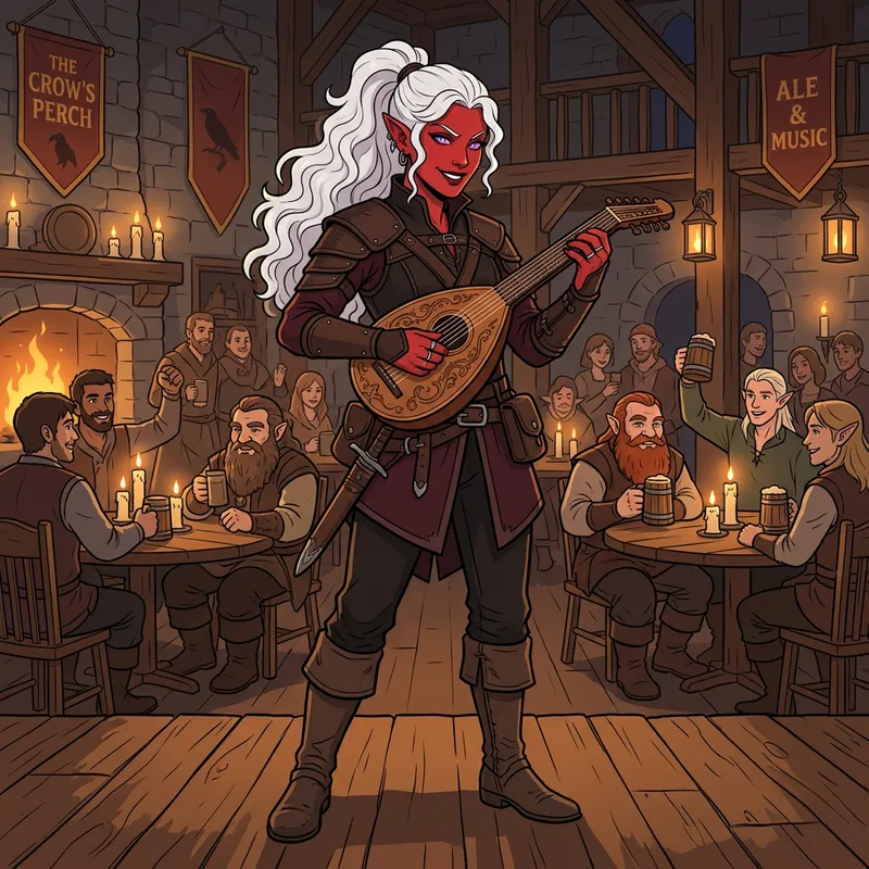 Mischievous Tiefling Rogue Performing with Lute in Tavern