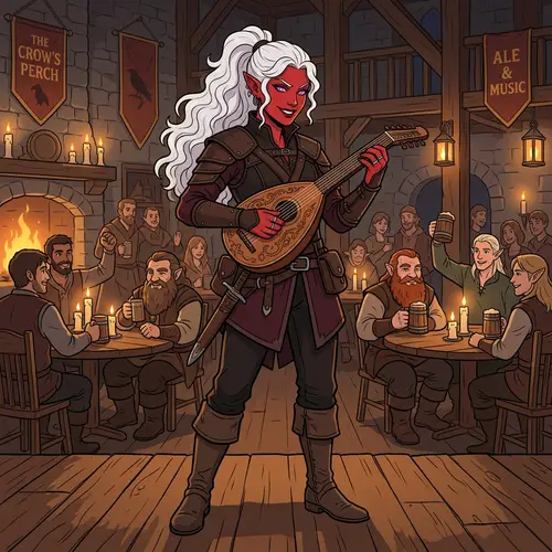 Fantasy Rogue Character with Red Skin and Lute Performance