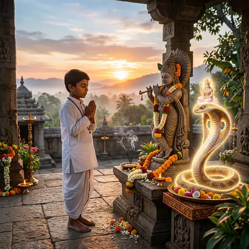 Devout Hindu Boy Praying to Krishna | Divine Snake Encounter at Sunrise