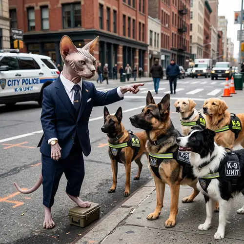 Sphynx Cat Squad Leader Directs Working Dogs | Business Scene