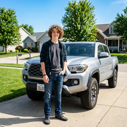 Smiling Teenage Boy with Curly Hair by Silver Toyota Tacoma