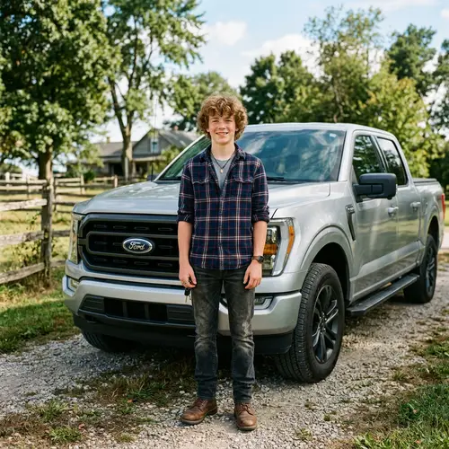 Caucasian Teen Boy with Curly Hair and Freckles | Silver Pick-Up Truck