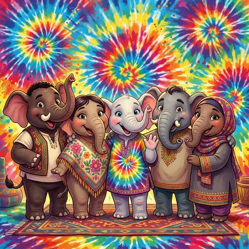 Colorful Elephant People: Fantastical Beings in Vibrant Setting