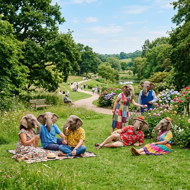Whimsical Elephant-Headed People in Colorful Attire at Park Whimsical Elephant-Headed People in Colorful Attire at Park