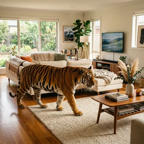Friendly Tiger in Modern Living Room | Majestic Guest