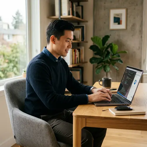 Professional East Asian Man Working on Modern Laptop