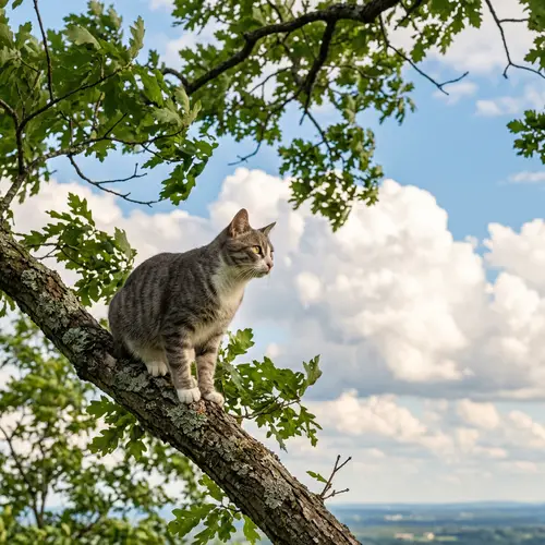 Curious Cat Perched on Tree Branch | Bright Eyes and Fluffy Clouds