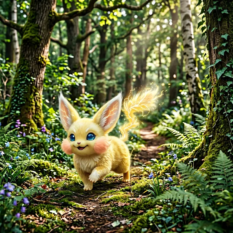 Friendly Yellow Creature in Serene Forest | Pikachu