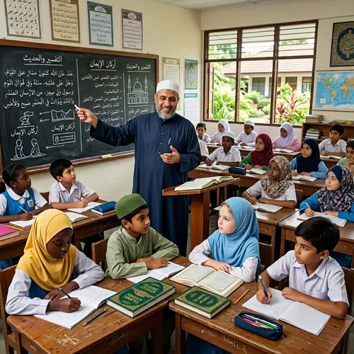 Islamic Religious Teacher Teaching Diverse Group of Students in Classroom