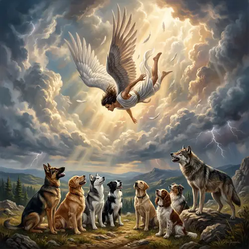 Falling Angel Surrounded by Watchful Dogs