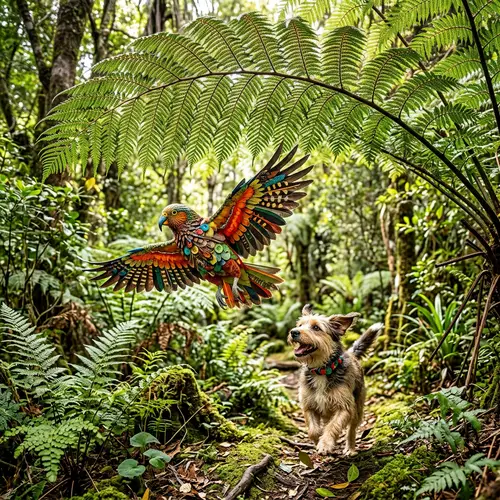 Vibrant Abstract Kea Bird Art with Resting Dog