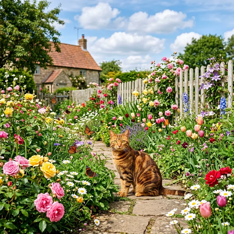 Cat Enjoying Garden Sunshine - Beautiful Summer Scene Cat Enjoying Garden Sunshine - Beautiful Summer Scene