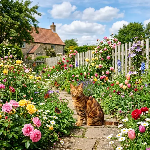 Vibrant House Cat in Blossoming Garden - Summer Scene