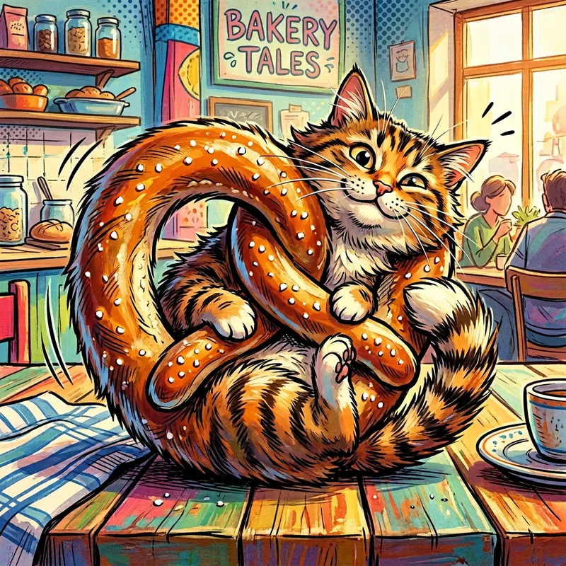 Playful Cat Pretzel Illustration with Vibrant Colors