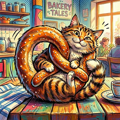 Whimsical Cat Pretzel Digital Painting Inspired by Comic Books