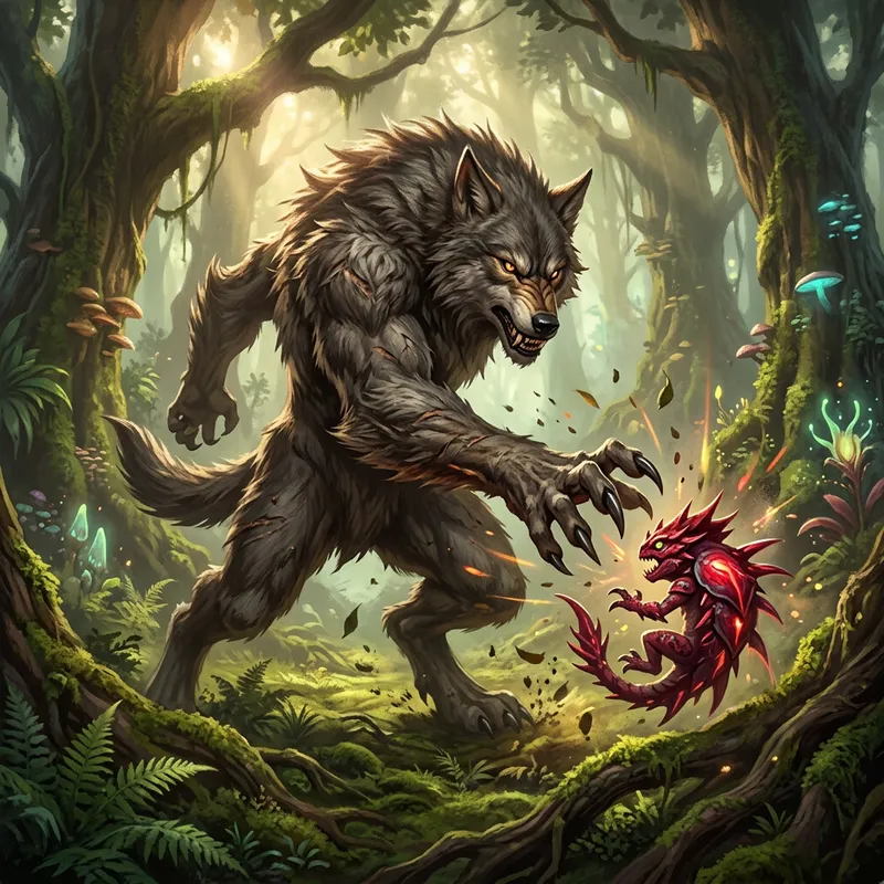 Furie Warwick from League of Legends farms red creep in forest Furie Warwick from League of Legends farms red creep in forest