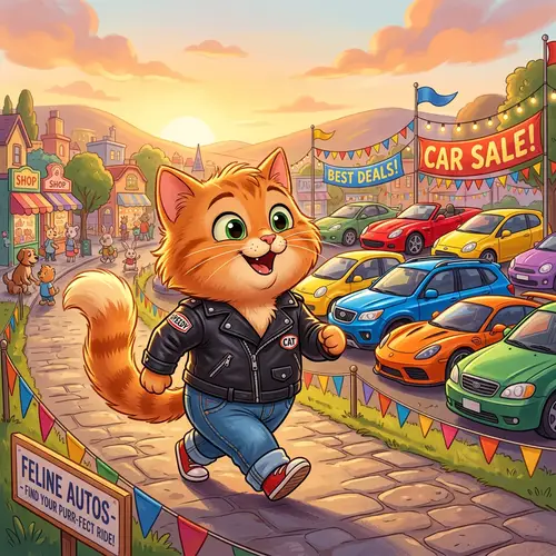 Stylish Orange Cat at Colorful Car Sale