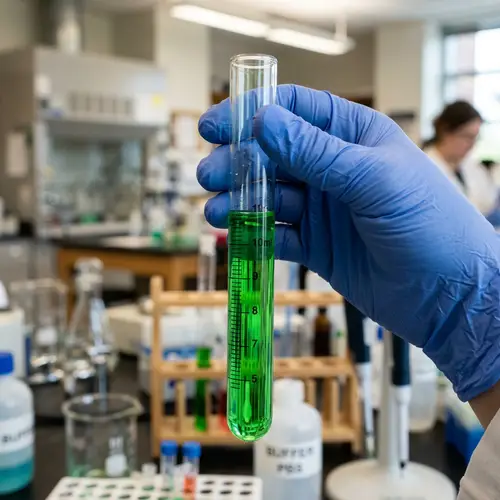 Green Liquid Test Tube Hold | Gloved Hand | Lab Experiment