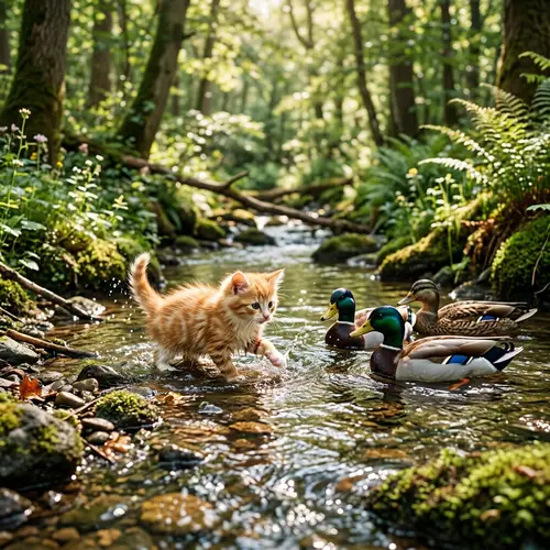 Cute Kitty Swimming with Ducks | Enchanting Harmony of Species