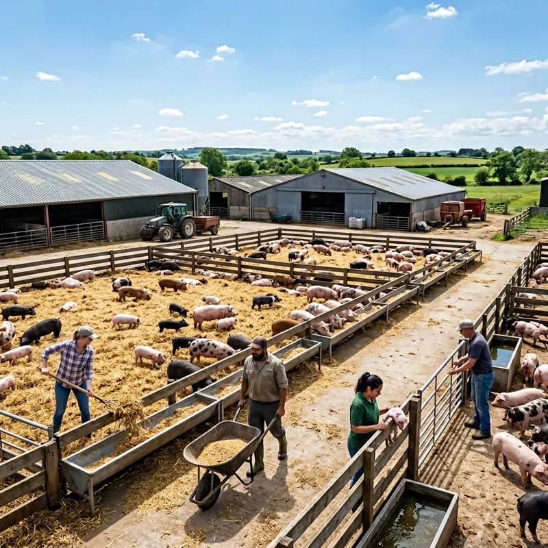 Expansive Pig Farm: Colorful Pigs & Farm Workers