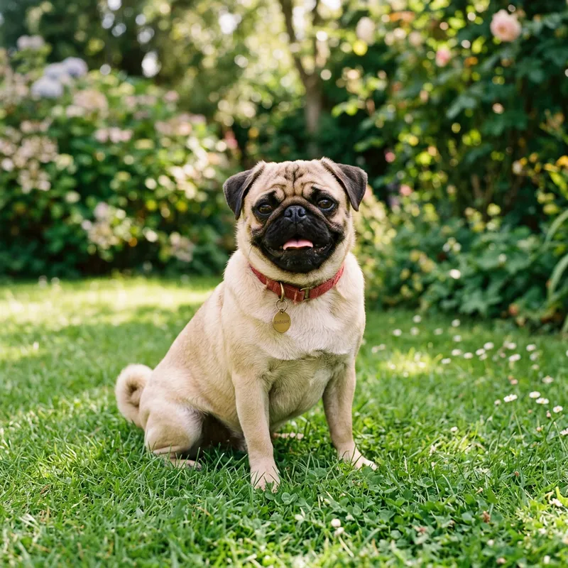 Adorable Fawn Pug Sitting on Green Grass