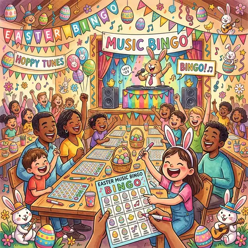 Festive Easter-Themed Music Bingo Scene | Family-Friendly Fun
