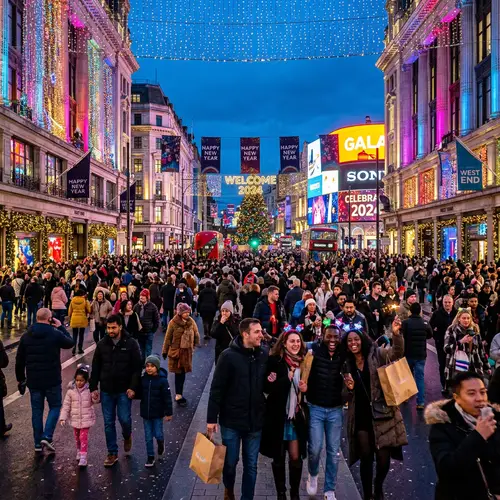 Bustling City Street at Dusk | New Year's Eve Festive Scene