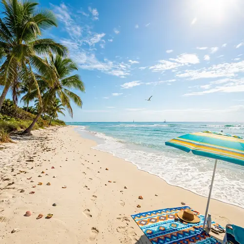 Tranquil Beach Scene with Crystal Clear Waves and Palm Trees