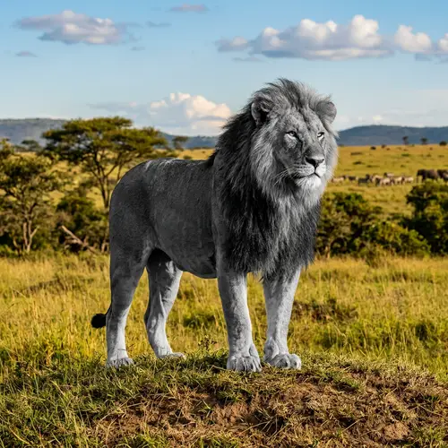 Majestic Colorless Lion on a Grassy Savannah Plain