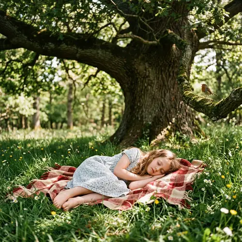 Young Girl Sleeping Under Ancient Oak Tree | Tranquil Scene
