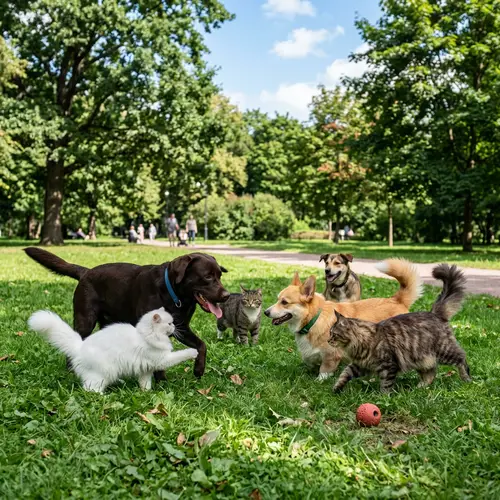 Cats and Dogs Coexisting in Harmony | Park Scene with Labrador, Corgi, Persian, Maine Coon