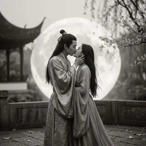 Romantic Eastern Couple in Classic Attire - Gentle Kiss