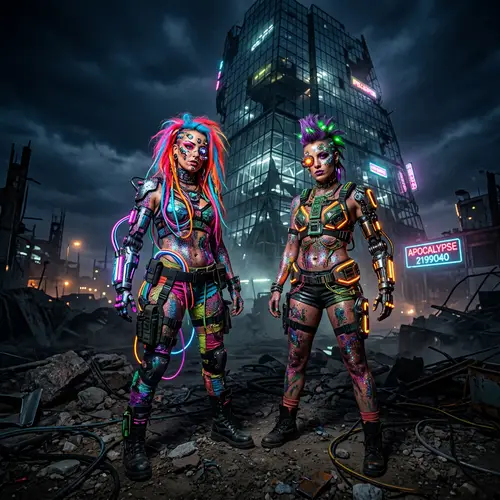 Colorful Cyborg Women in Futuristic Apocalypse Scene