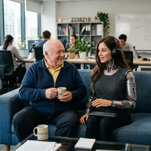 Happy Old Man with a Beautiful Female Robot Cyborg