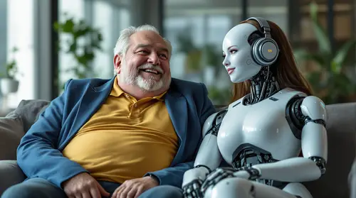 Happy Old Man with a Beautiful Female Robot Cyborg