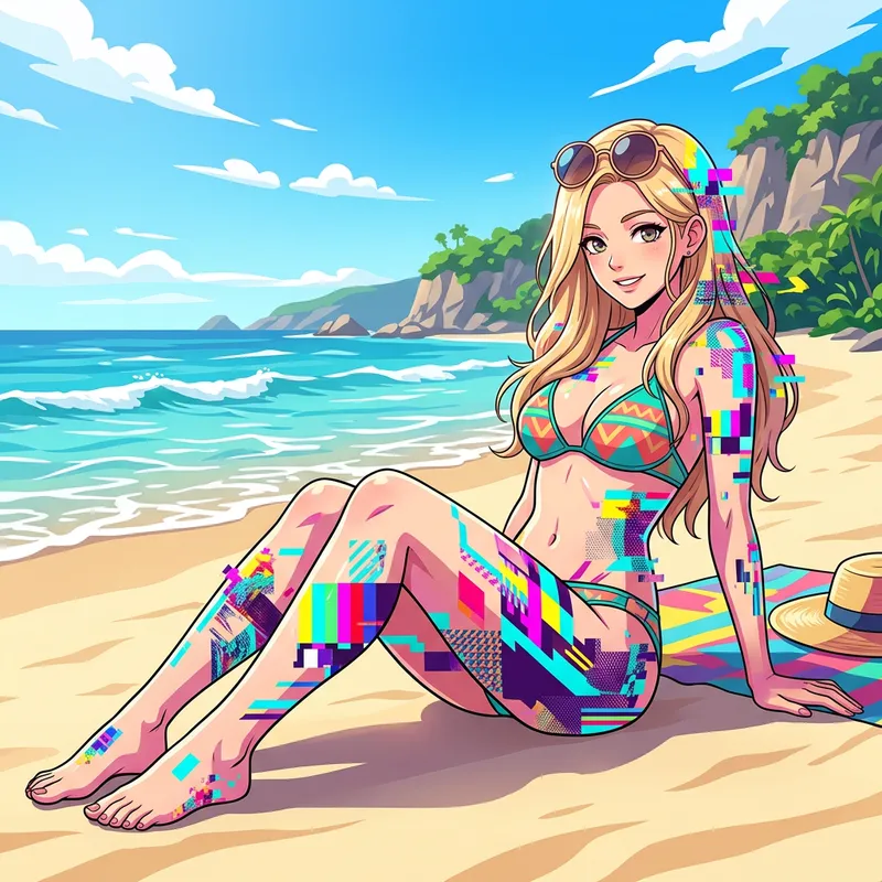 Blond Haired Woman Seaside Glitch Art Aesthetic