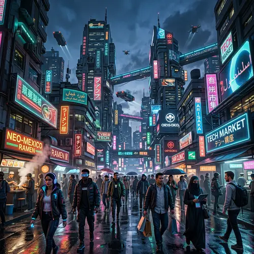 Futuristic Cyberpunk Cityscape at Dusk with Neon Lights
