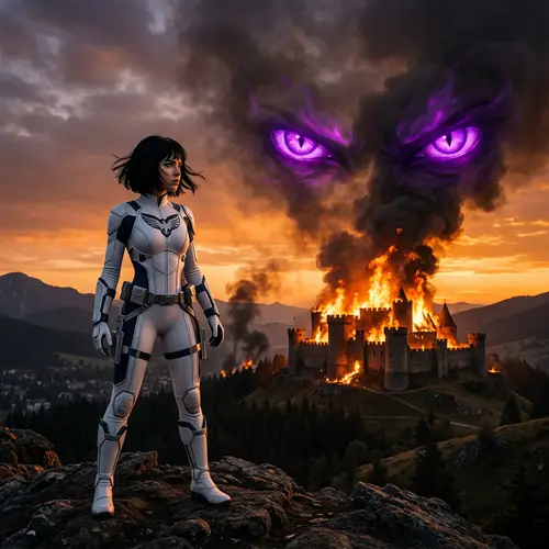 Fiery Castle and Heroic Girl at Dusk