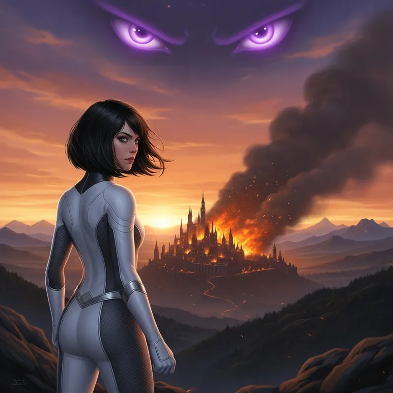 Fiery Castle and Heroic Girl at Dusk