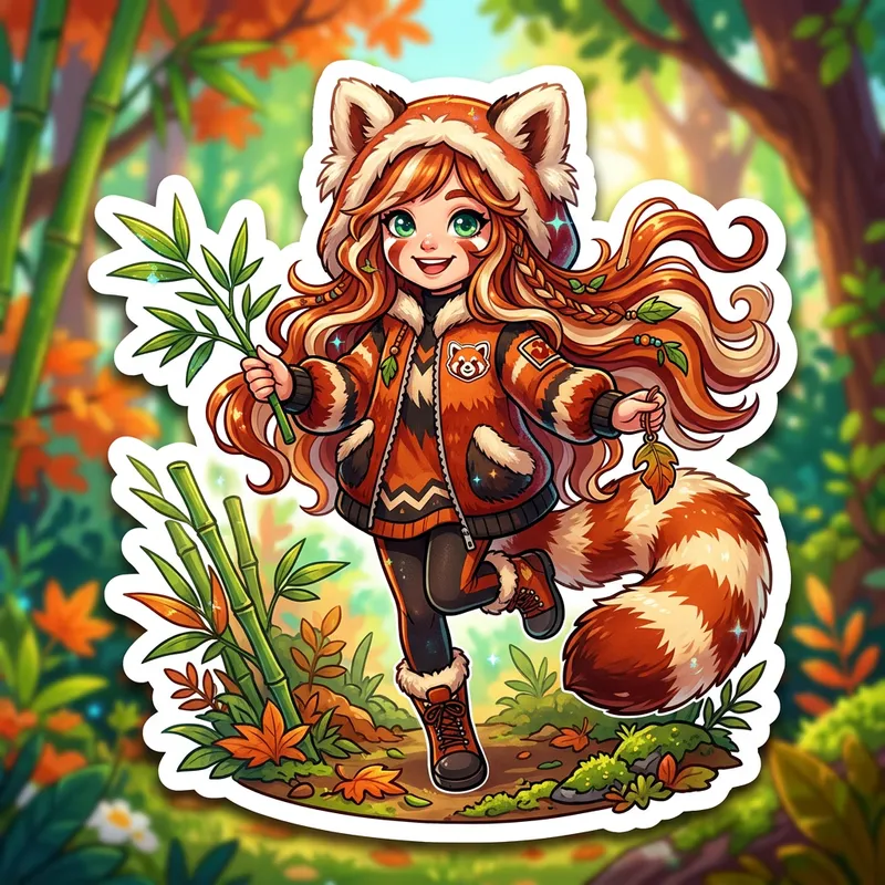 Red Panda Girl with Beautiful Long Hair Sticker Art