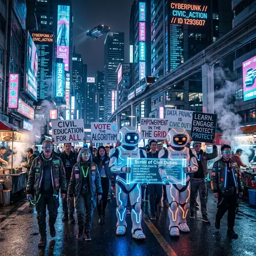 Cyberpunk Mascots Supporting Civil Education