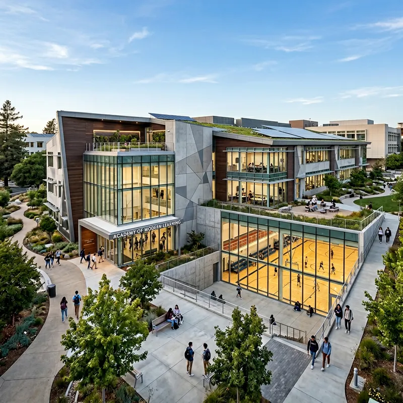 Modern Two-Story Educational Institution with Unique Gymnasium Design