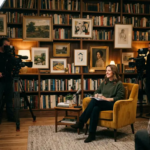 Serene Interior TV Studio with Books and Art
