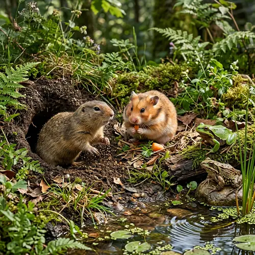 Enchanting Wildlife Scene with Gopher, Hamster, and Frogs