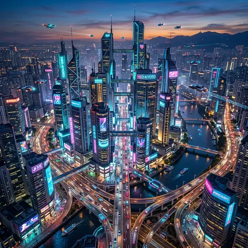 Futuristic Cityscape at Dusk: Vibrant Cyberpunk Aesthetic