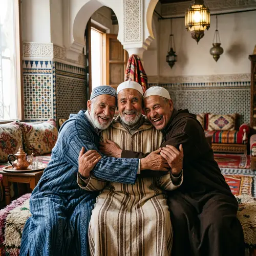 Authentic Moroccan Brotherhood: Elderly Man Embraces Brothers