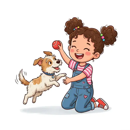 Cute Cartoon of Girl Playing with Dog